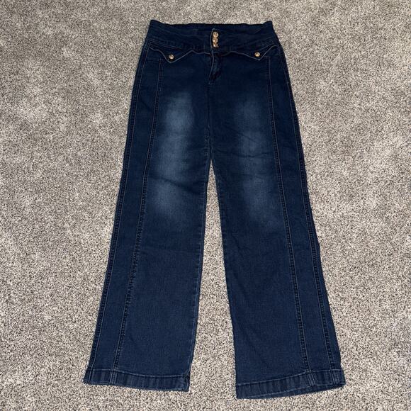 Dark Denim Wide Leg Jeans with Gold Buttons - Picture 1 of 9